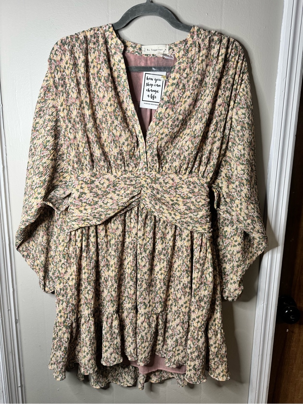 By Together NWT Pink and Green Floral Tiered Pleated V-Neck Dress Size Medium